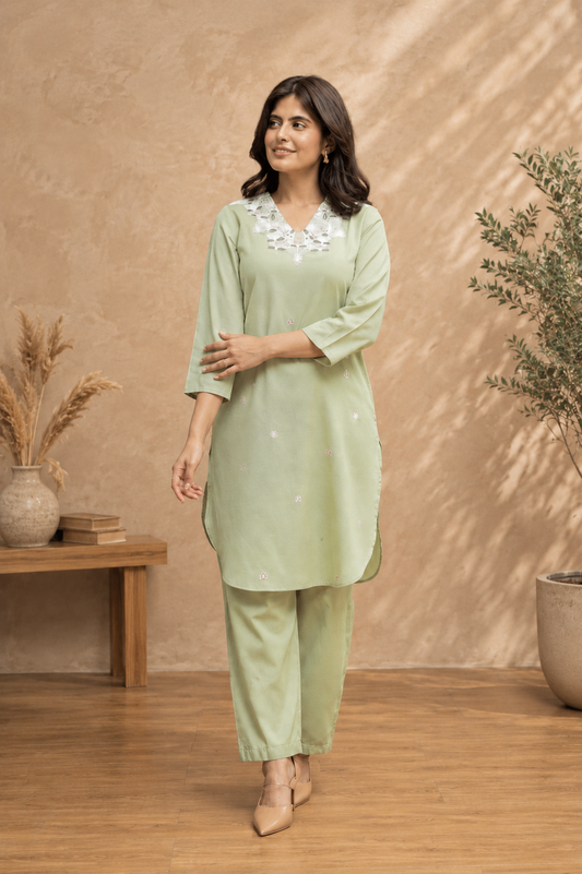Women Sage Green Embroidered Kurta Set with Pants | Pure Cotton V-Neck Ethnic Wear | Ruvi Fashion Factory | S-3XL