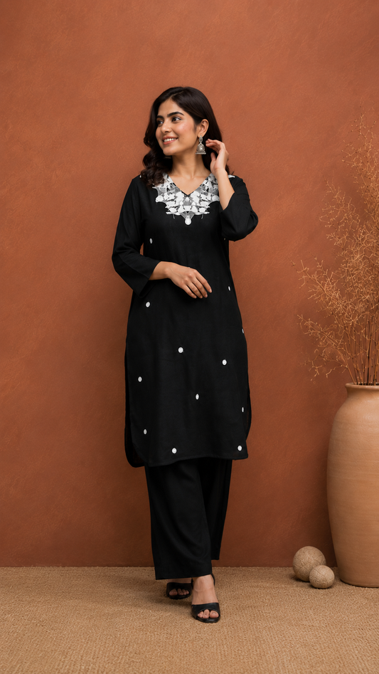 Black Cotton Embroidered Kurti Set for Women | Elegant V-Neck Kurta with Pant