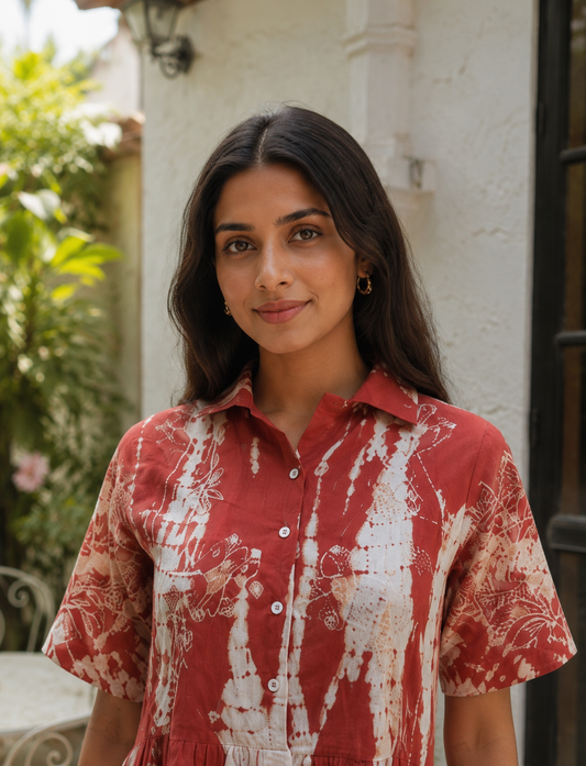 Women's Rust Red Tie-Dye Cotton Midi Dress | Button Down A-Line Shirt Dress | Sizes S-3XL
