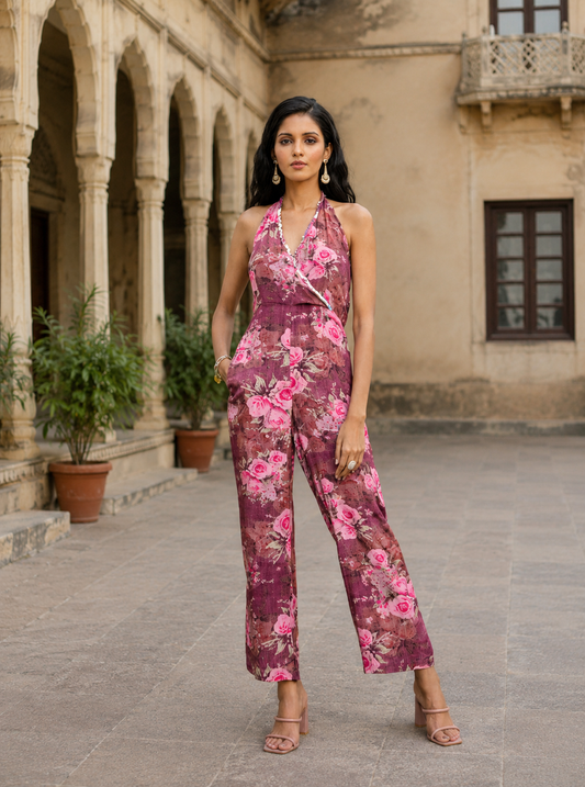 Mauve Floral Printed Halter Neck Jumpsuit with Cape | Premium Silk Crepe Party Wear Co-Ord Set for Women (S–3XL)