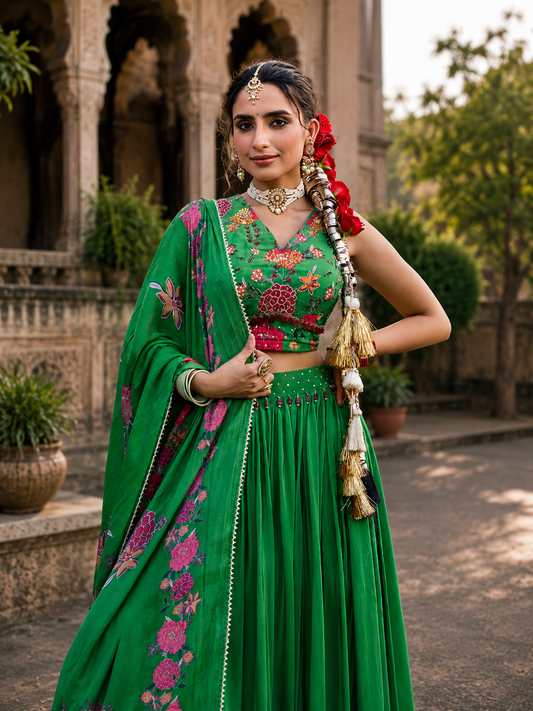 Green Floral Embroidered Lehenga Choli Set with Dupatta | Designer Wedding & Festive Wear for Women (S–3X
