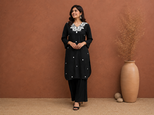 Black Cotton Embroidered Kurti Set for Women | Elegant V-Neck Kurta with Pant