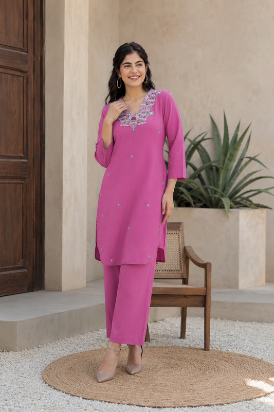 Pink Embroidered Cotton Kurta Set with Trousers for Women