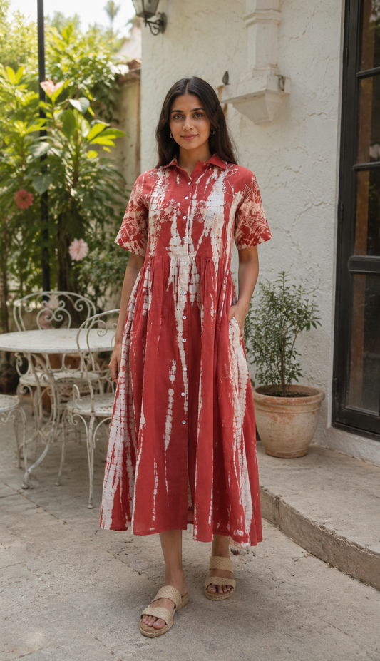 Women's Rust Red Tie-Dye Cotton Midi Dress | Button Down A-Line Shirt Dress | Sizes S-3XL