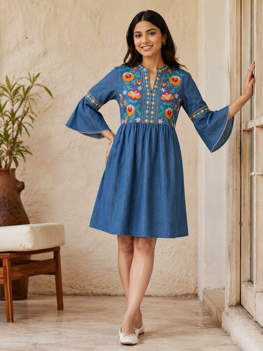 Ruvi Fashion Factory Navy Blue Embroidered Denim A-Line Ethnic Dress for Women | Keyhole Neck with Tie-Up | 3/4 Puff Sleeves | Casual & Festive Wear | Sizes M-3XL