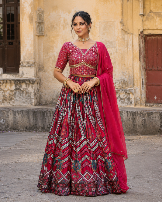 Women's Maroon Mirror Work Printed Lehenga Choli Set with Dupatta | Premium Satin Silk Designer Bridal, Wedding, Festive & Party Wear | Sizes S–3XL