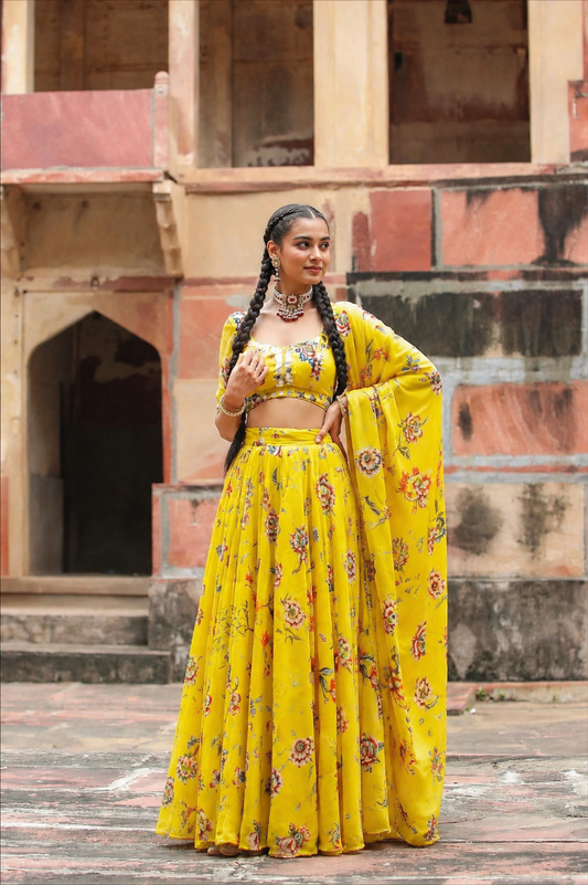 Yellow Chinon Silk Floral Printed Mirror Work Lehenga Choli Set for Women | Wedding, Haldi & Festive Wear | Dupatta Included