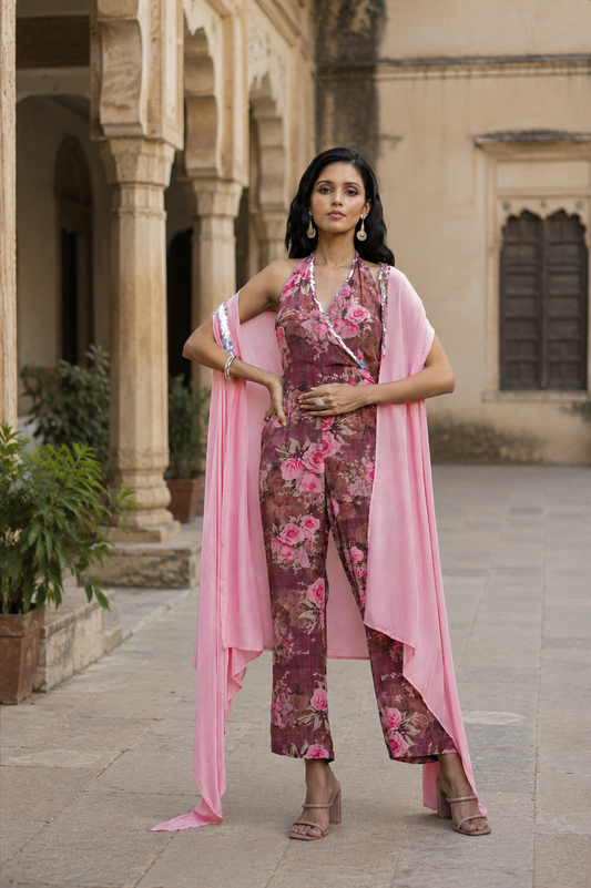 Mauve Floral Printed Halter Neck Jumpsuit with Cape | Premium Silk Crepe Party Wear Co-Ord Set for Women (S–3XL)
