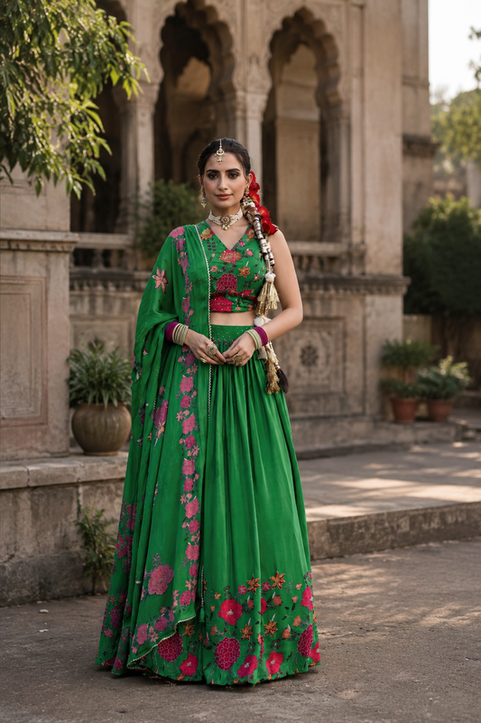 Green Floral Embroidered Lehenga Choli Set with Dupatta | Designer Wedding & Festive Wear for Women (S–3X