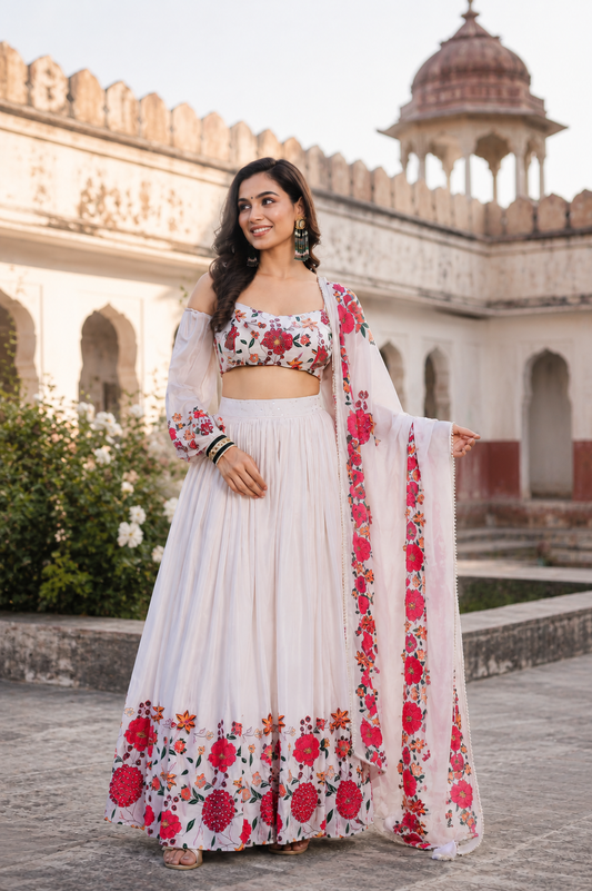 Women's Ivory Floral Printed Designer Lehenga Set with Dupatta | Elegant Wedding & Festive Ethnic Wear by Ruvi Elegance | S–3XL