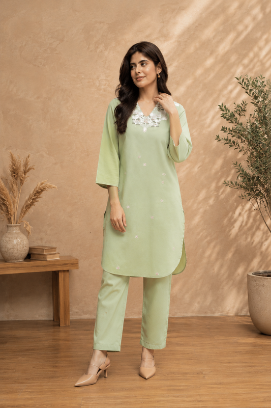 Women Sage Green Embroidered Kurta Set with Pants | Pure Cotton V-Neck Ethnic Wear | Ruvi Fashion Factory | S-3XL