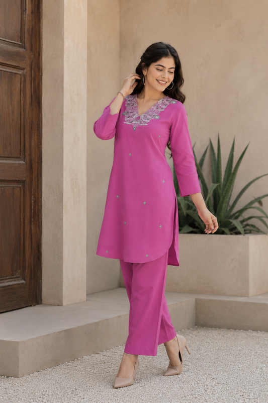 Pink Embroidered Cotton Kurta Set with Trousers for Women