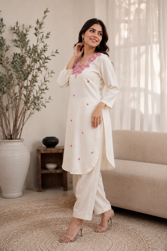 Off White Embroidered Cotton Kurta Set for Women with Trousers | Floral Thread Work | Sizes M to 3XL