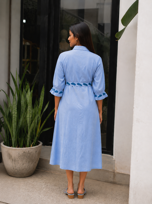 Women's Powder Blue Floral Printed Cotton Midi Dress | Shirt Collar A-Line Dress with Waist Tie | Sizes S-3XL