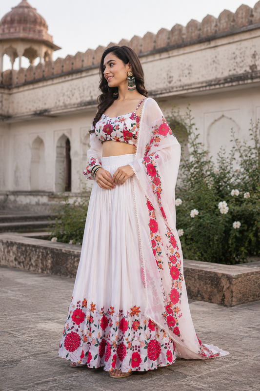 Women's Ivory Floral Printed Designer Lehenga Set with Dupatta | Elegant Wedding & Festive Ethnic Wear by Ruvi Elegance | S–3XL