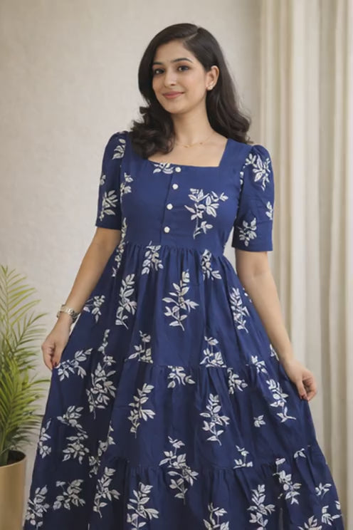 Elegant blue square print kurti crafted in soft rayon fabric for all-day comfort.